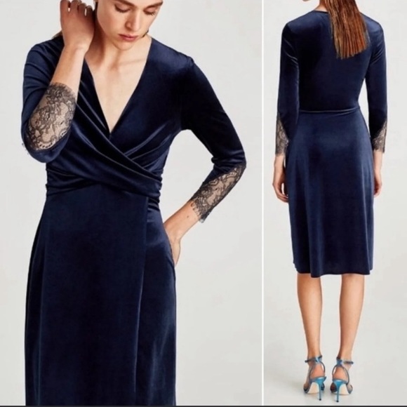 ZARA Velvet & Lace night blue midi dress size M - Picture 2 of 10